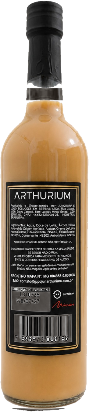 Rótulo traseiro da Arthurium com ingredientes, registro no MAPA e código de barras